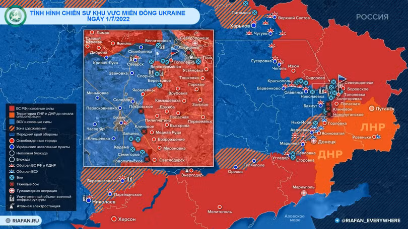 Tình hình chiến sự vùng Đông Ukraine ngày 1/7. Ảnh RIA.FAN