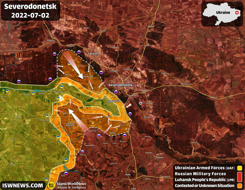 Quân đội Nga, dân quân Lugansk tiến hành 2 mũi tiến công vào thành phố Lysychansk. Ảnh ISW News. Quân đội Nga, dân quân Lugansk tiến hành 2 mũi tiến công vào thành phố Lysychansk. Ảnh ISW News.