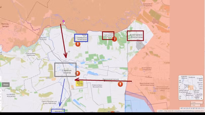 Các mũi tiến công của quân đội Nga và dân quân Donbass vào thành phố Seversk. Quân đội Ukraine rút lui. Ảnh South Front.