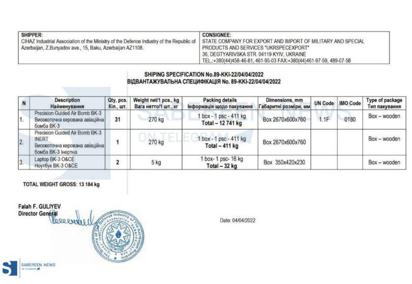 Đơn hàng vận chuyển vũ khí (bom có điều khiển độ chính xác cao) của hãng hàng không vận tải Ukraine. Ảnh South Front.