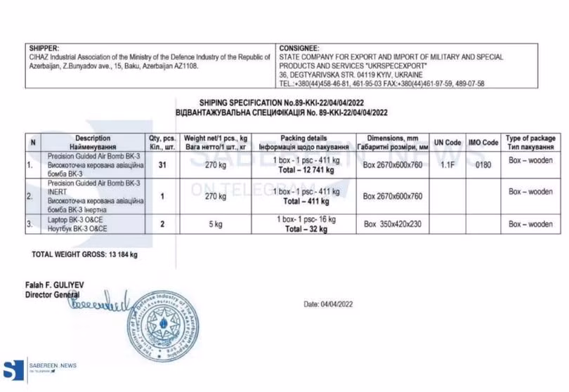 Đơn hàng vận chuyển vũ khí (bom có điều khiển độ chính xác cao) của hãng hàng không vận tải Ukraine. Ảnh South Front.