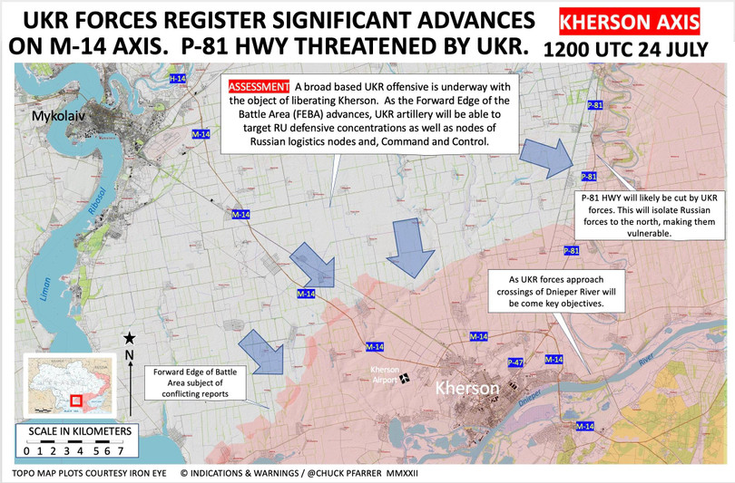 Bản đồ kế hoạch phản công dự kiến của quân đội Ukraine vào Kherson. Ảnh truyền thông mạng xã hội Twitter WarMonitor.