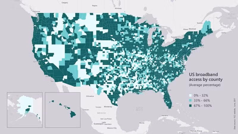Bản đồ tỉ lệ tiếp cận Internet băng thông rộng tại Mỹ (nguồn: FCC 2016 Broadband Progress Report).