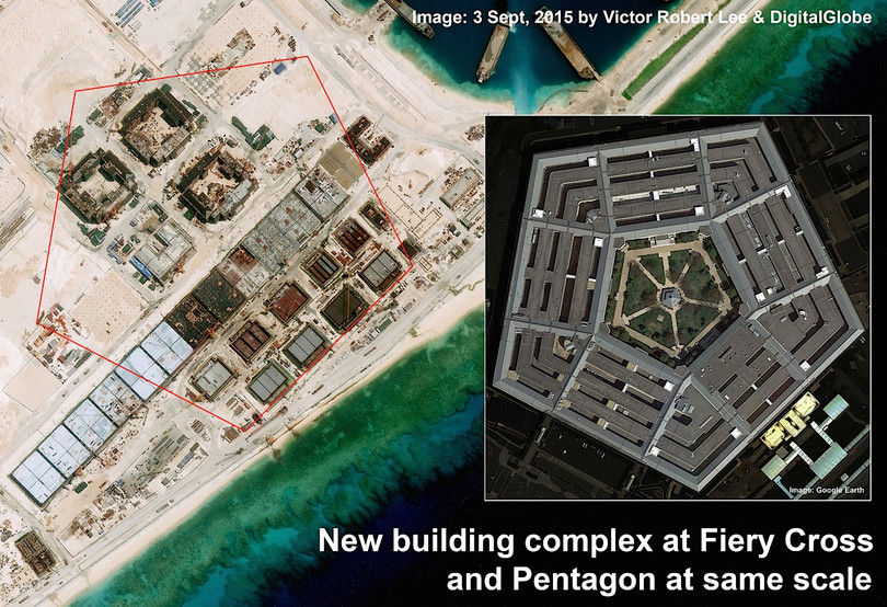 Đá Chữ Thập sau khi được cải tạo thành đảo nhân tạo có diện tích lớn nhất Trường Sa với một đường băng dài 3km và các nhà chứa máy bay