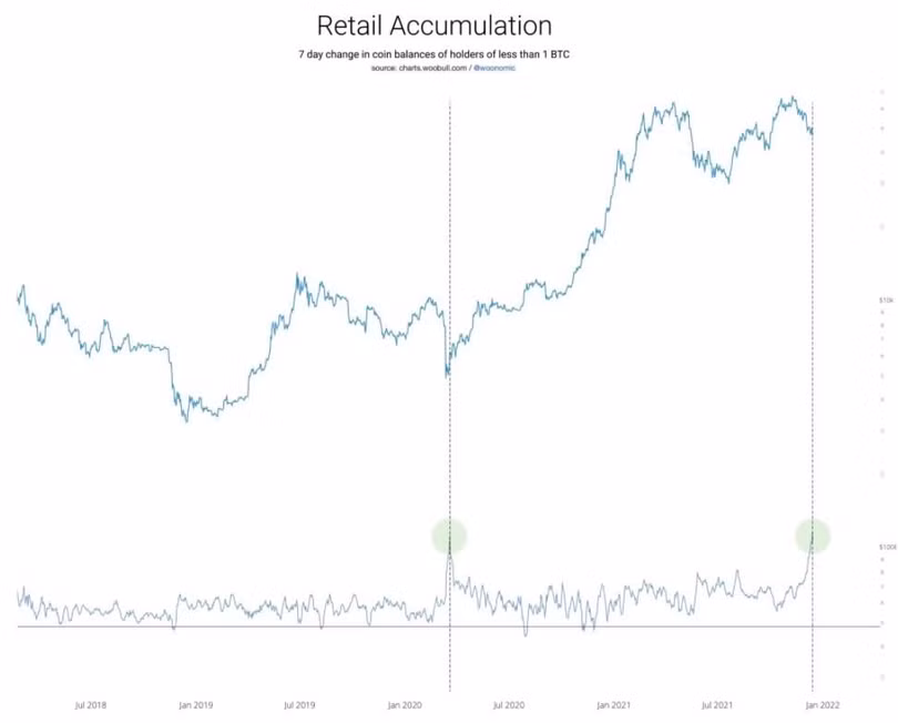 Giới đầu tư đẩy mạnh gom hàng tích trữ khi thị trường tuột dốc. Ảnh: @woonomic.