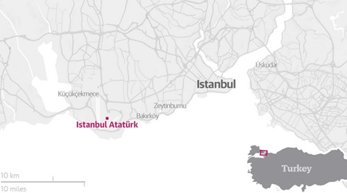 Vị trí sân bay Ataturk, Istanbul, Thổ Nhĩ Kỳ. Đồ họa:Guardian.