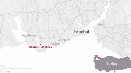 Vị trí sân bay Ataturk, Istanbul, Thổ Nhĩ Kỳ. Đồ họa:Guardian.