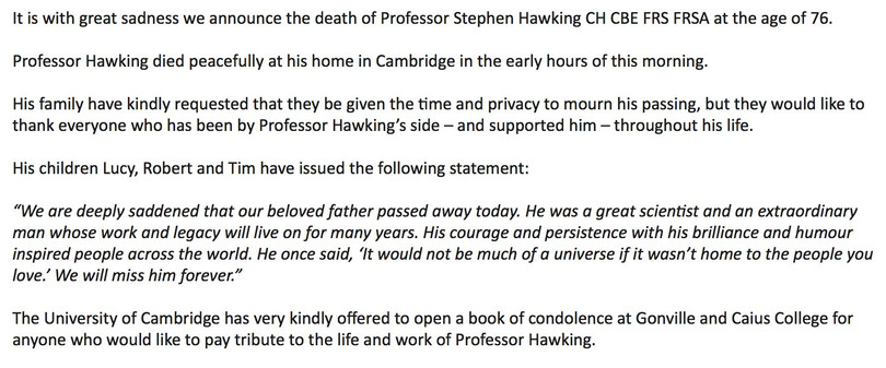 Thông báo về sự ra đi của giáo sư Stephen Hawkins được đại diện gia đình ông đăng tải. Nguồn: Twitter