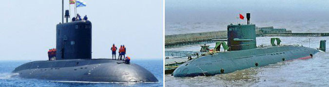 Tàu ngầm điện-diesel lớp Projekt 877EKM Paltus của Nga (trái) và Type-041 của Trung Quốc (phải) Tàu ngầm điện-diesel lớp Projekt 877EKM Paltus của Nga (trái) và Type-041 của Trung Quốc (phải)