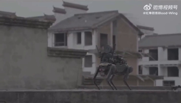 UAV vận chuyển chó robot trang bị vũ khí lên nóc một tòa nhà. Video Republic World.