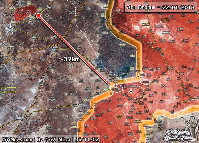Chiến trường khu vực tỉnh Idlib - Aleppo, cách các thị trấn bị bao vây 37 km. Ảnh Masdar News