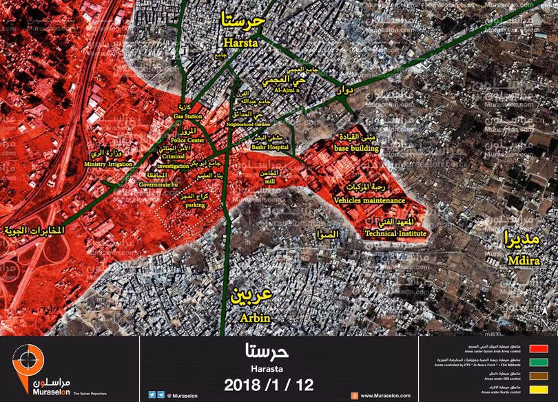 Bản đồ tình hình chiến sự khu vực Harasta, Đông Ghouta - ảnh Muraselon