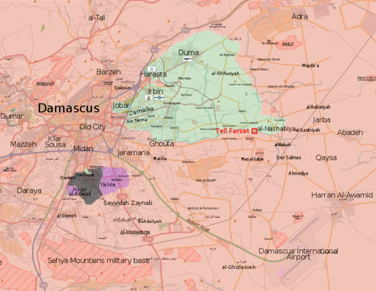 Quân đội Syria chiếm cao điểm Tell Farzat trong khu vực Đông Ghouta - ảnh South Front