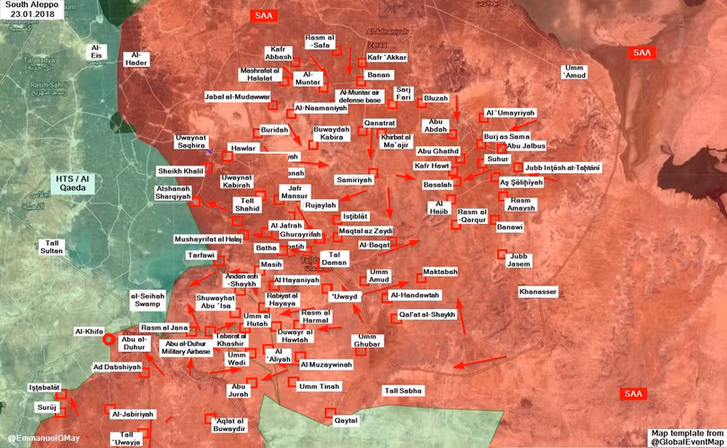 Các mũi tiến công ngày 23.01.2018 trên chiến trường idlib - ảnh Masdar News
