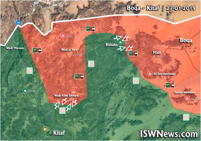 Bản đồ chiến sự vùng Kitaf, biên giới Yemen - Ả rập Xê-út. Ảnh: Masdar News.