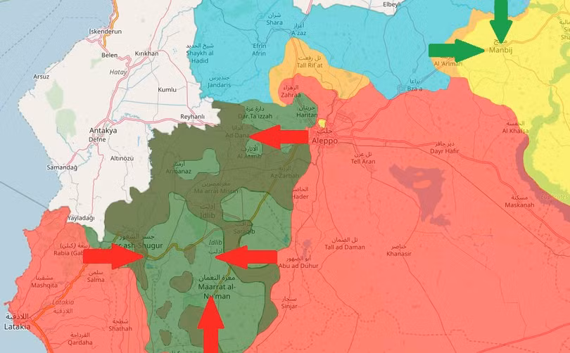 Các hướng tấn công của quân đội Syria và liên minh quân sự FSA và quân đội Thổ Nhĩ Kỳ, theo truyền thông đối lập Syria. Ảnh minh họa SyriaWarNews