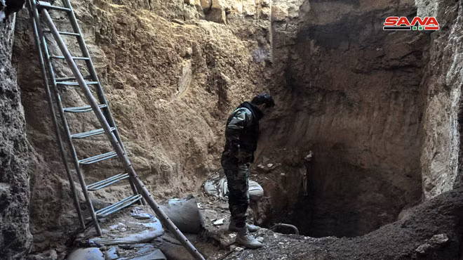 Đường hầm ngầm của lực lượng Hồi giáo cực đoan, phát hiện được ở ngoại ô Damascus. Ảnh: SANA.
