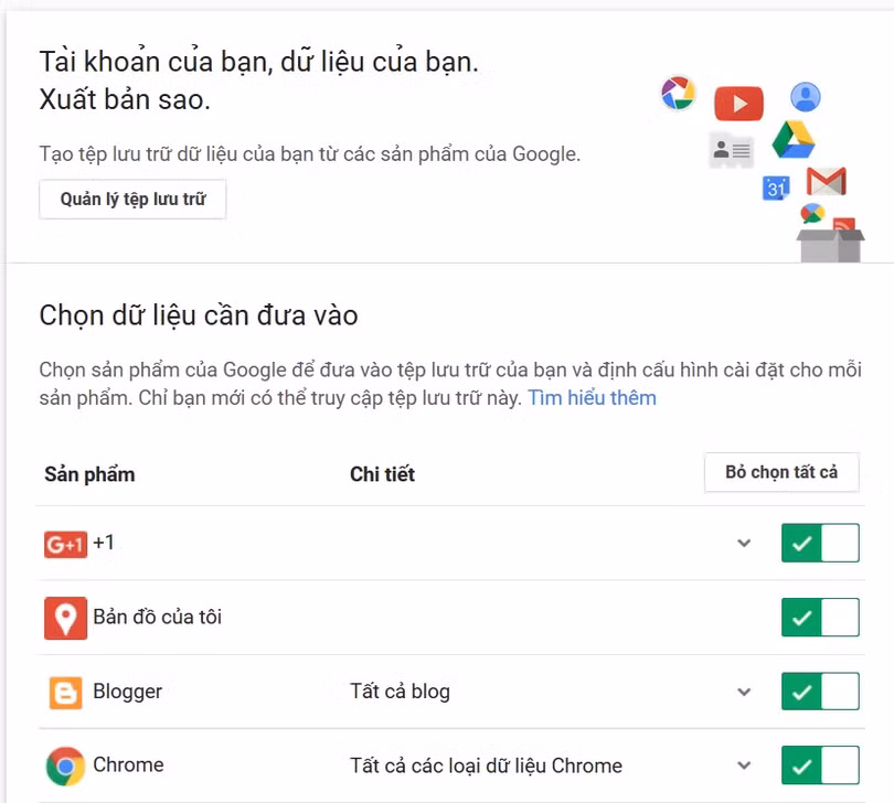 Giao diện sao lưu tài khoản Google