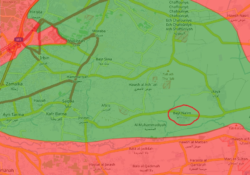 Bản đồ vùng Đông Ghouta, vòng tròn đỏ là thị trấn Beit Nayem, đang là mục tiêu cuộc tấn công của quân đội Syria