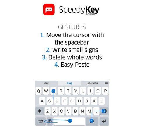 SpeedyKey Keyboard (1,99 USD) Nếu cảm thấy chán bàn phím mặc định trên iPhone, SpeedyKey Keyboard là ứng dụng có thể giúp bạn “đổi gió”. Tính năng nổi bật nhất của ứng dụng này là SpeedyReplies, cho phép gợi ý nhanh mộtđoạn văn bản khi vừa nhập vào một vài từ, định sẵn câu từ trước bằng từ gợi ý, hỗ trợ chèn nhanh văn bản, chữ kỹ, địa chỉ, email… Ngoài ra, ứng dụng cũng hỗ trợ nhập liệu nhanh bằng thao tác vuốt, sửa từ thông minh, xóa từ bằng cử chỉ, thêm biểu tượng emoji và nhiều tính năng khác.