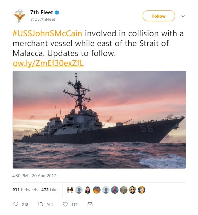 Khu trục hạm Mỹ va chạm tàu hàng ở Malacca, 10 thủy thủ bị mất tích ảnh 1