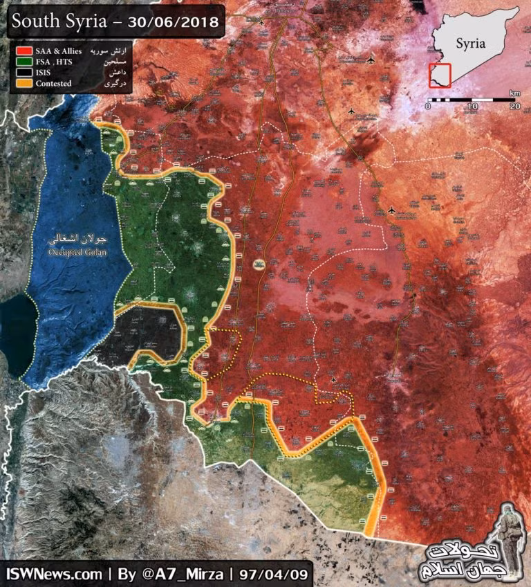 Toàn cảnh chiến trường Daraa tính đến ngày 30.06.2018 theo South Front