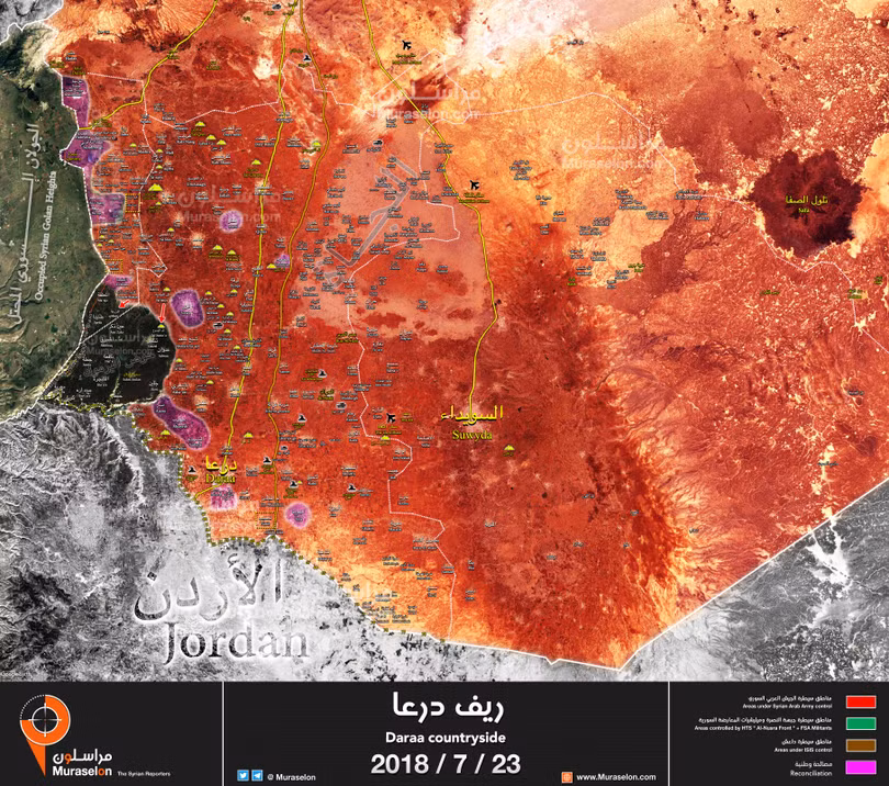 Toàn cảnh chiến trường Daraa tính đến ngày 23.07.2018 theo Muraselon
