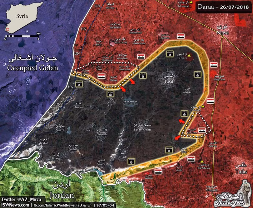 Bản đồ tình hình chiến sự Daraa, vùng thung lũng Yarmouk. Ảnh South Front