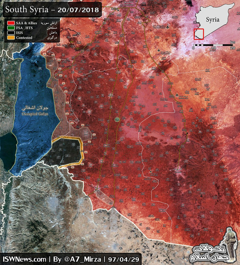 Tình hình chiến sự Daraa, Quneitra tính đến ngày 20.07.2018. Ảnh South Front