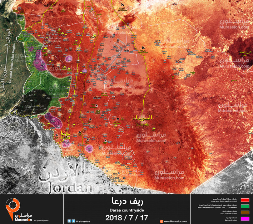Chiến tuyến quân đội Syria trên địa phận tỉnh Daraa và Quneitra tính đến ngày 17.07.2018 theo Muraselon Chiến tuyến quân đội Syria trên địa phận tỉnh Daraa và Quneitra tính đến ngày 17.07.2018 theo Muraselon