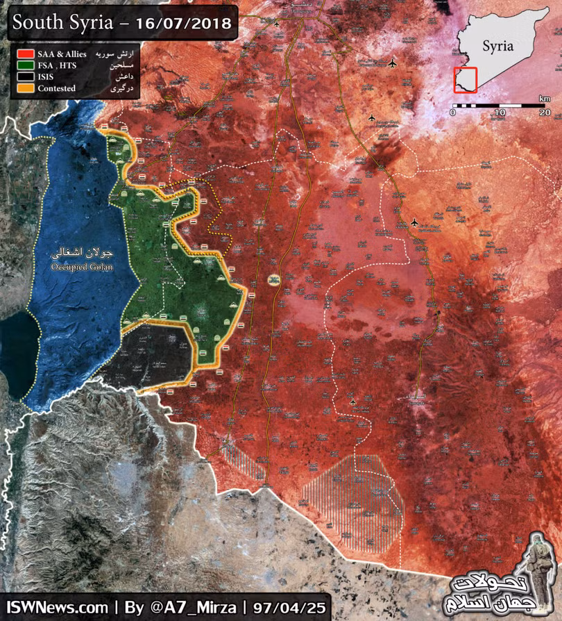 Chiến tuyến Daraa tính đến ngày 16.07.2018, lực lượng Hồi giáo cực đoan tháo chạy về tỉnh AlQunetra. Ảnh minh họa Masdar News