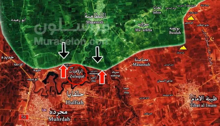 Bàn đồ chiến sự miền bắc Hama, quân đội Syria đẩy lùi các cuộc tấn công của phiến quân - ảnh Muraselon