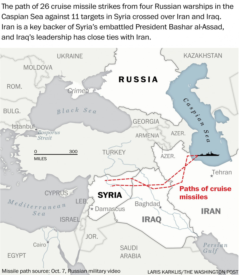 Sơ đồ đường bay của 26 tên lửa Kalibr Nga đánh các mục tiêu tại Syria
