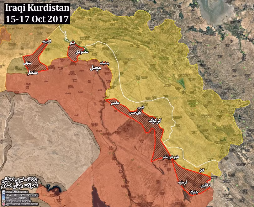 Bản đồ khu vực lực lượng vũ trang Iraq tiến chiếm từ các đơn vị Peshmerga - ảnh South Front