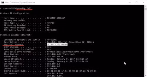 Gõ vào lệnh ipconfig /all trong cửa sổ dòng lệnh ở Windows để biết địa chỉ MAC.