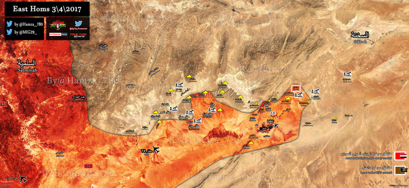 Bản đồ chiến sự ngoại ô Palmyra, vùng ô đánh dấu là cao điểm khống chế mỏ dầu Arak