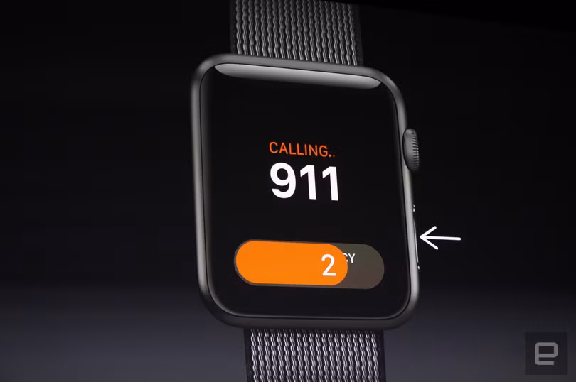 Tính năng liên lạc khẩn cấp trên Apple Watch có thể kích hoạt bằng một nút duy nhất. Nguồn: Engadget