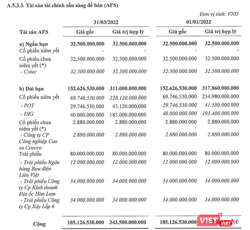 Danh mục tài sản tài chính sẵn sàng để bán của CTCP Chứng khoán Liên Việt tại ngày 31/3/2022 (Ảnh chụp màn hình)