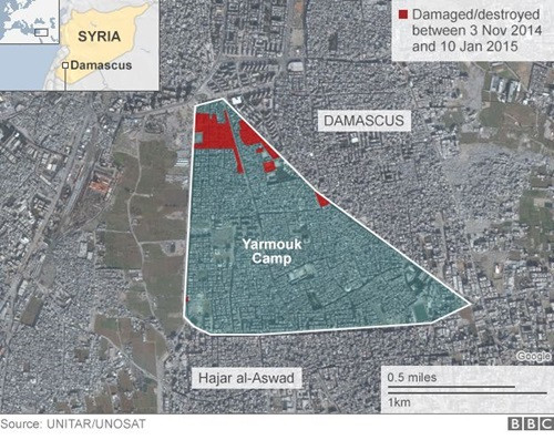 Vị trí khu trại Yarmouk và thành phố Hajar al-Aswad. Đồ họa: BBC