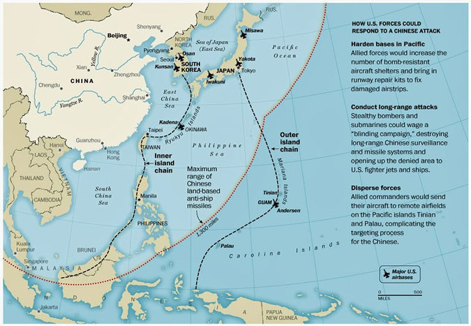Tuyến kiềm chế các lực lượng Trung Quốc gồm 2 vành đai: Vành đai trong chạy từ Hàn Quốc, Okinawa (Nhật Bản), Đài Loan, Philippines, Malaysia, Singapore; Vành đai ngoài chạy từ Nhật Bản, Tinian, Guam, Palau