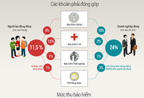 Đồ họa những khoản đóng góp mới trong quy định của Luật bảo hiểm xã hội có hiệu lực từ tháng 1/2016. Thực hiện: Tiến Thành, Hoàng Phương