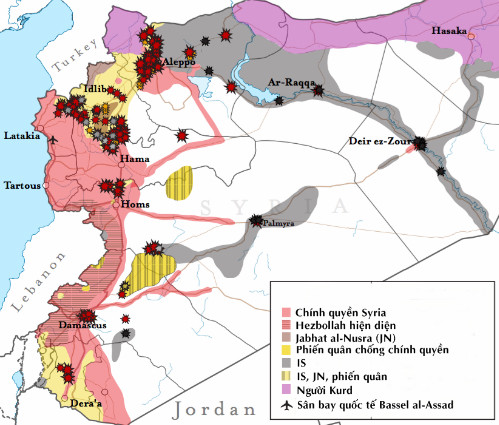 Vị trí Nga không kích tại Syriangày 18-27/12/2015, theo Viện nghiên cứu Chiến tranh. Đồ họa: ISW