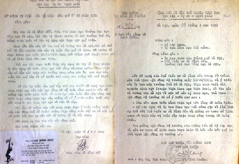 Văn bản kiến nghị của PGS Hà Đình Đức và văn bản chỉ đạo của Chủ tịch HĐBT về việc dừng nạo vét, thay nước Hồ Hoàn Kiếm để bảo tồn, nghiên cứu rùa Hồ Gươm.