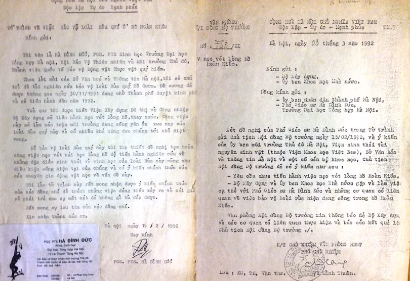 Văn bản kiến nghị của PGS Hà Đình Đức và văn bản chỉ đạo của Chủ tịch HĐBT về việc dừng nạo vét, thay nước Hồ Hoàn Kiếm để bảo tồn, nghiên cứu rùa Hồ Gươm. Văn bản kiến nghị của PGS Hà Đình Đức và văn bản chỉ đạo của Chủ tịch HĐBT về việc dừng nạo vét, thay nước Hồ Hoàn Kiếm để bảo tồn, nghiên cứu rùa Hồ Gươm.