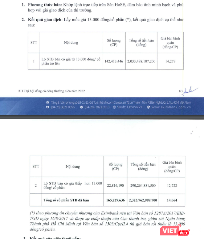 Báo cáo kết quả thoái vốn STB của Eximbank (Ảnh chụp màn hình - Nguồn: Eximbank)