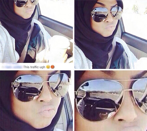 Cô nàng đăng ảnh than thở tắc đường, không biết làm gì nên đành selfie. Nhưng hình ảnh phản chiếu trên kính cho thấy đường vắng và rộng thênh thang.