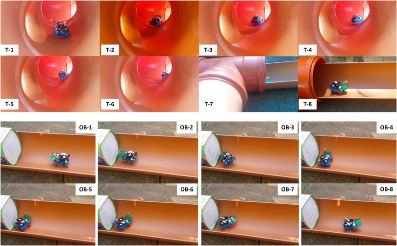 Joey di chuyển qua mạng lưới đường ống thử nghiệm. T-1 đến T-8: di chuyển qua ngã ba. OB-1 đến OB-8: gặp chướng ngại vật và quay lại. Ảnh: T.L.Nguyễn, A. Blight, A Pickering, A Barber, GH Jackson-Mills, J.H. Boyle, R Richardson, M Dogar, N Cohen. Frontiers in Robotics and AI.