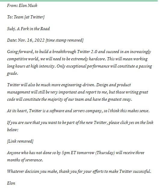 Tối hậu thư Elon Musk gửi tập thể nhân viên Twitter ngày 16/11. Ảnh CNBC. Tối hậu thư Elon Musk gửi tập thể nhân viên Twitter ngày 16/11. Ảnh CNBC.
