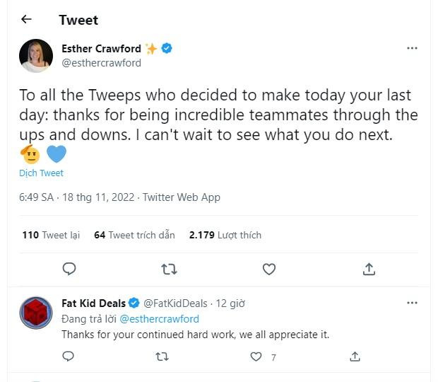 Tweet chia tay của kỹ sư Twitter với những người ra đi. Ảnh CNBC Tweet chia tay của kỹ sư Twitter với những người ra đi. Ảnh CNBC