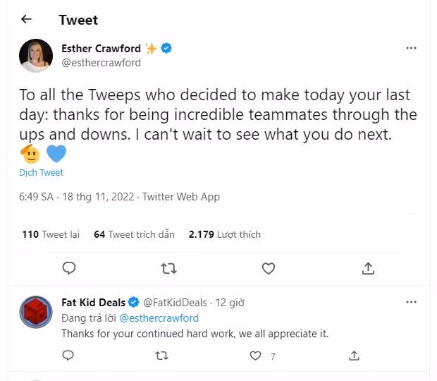 Tweet chia tay của kỹ sư Twitter với những người ra đi. Ảnh CNBC